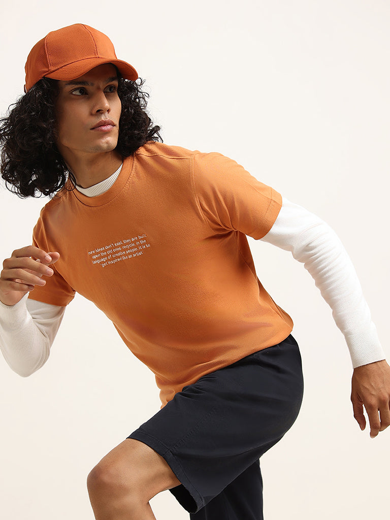 Nuon Orange Embroidered Cotton Relaxed Fit T-Shirt
