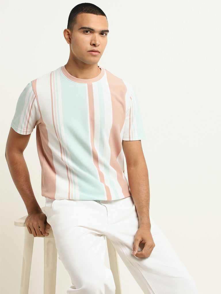 Nuon Multicolor Striped Cotton Slim Fit T-Shirt