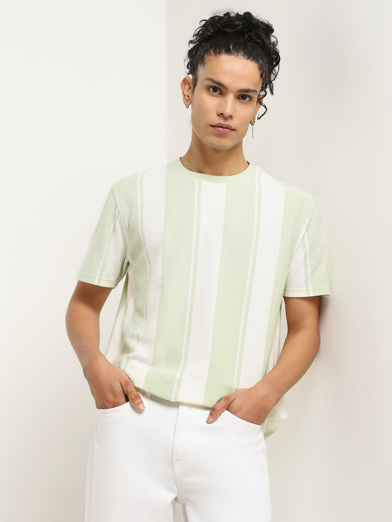 Nuon Green Striped Slim Fit T-Shirt