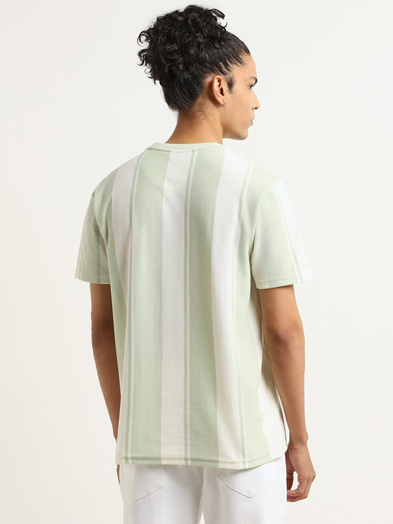 Nuon Green Striped Cotton Blend Slim Fit T-Shirt