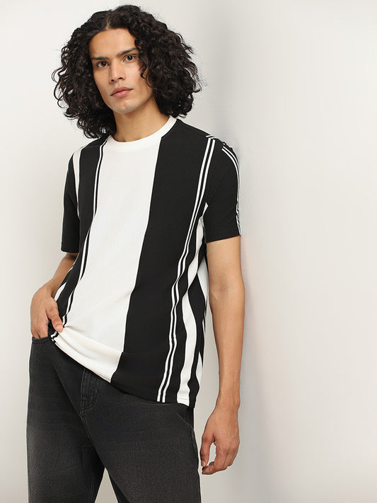Nuon Black Monochrome Striped Slim Fit T-Shirt
