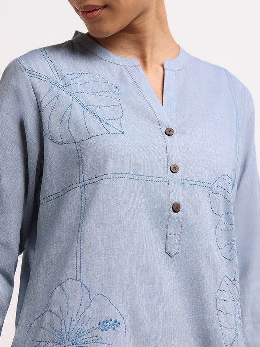 Utsa Indigo Leaf-Embroidered Cotton Kurti