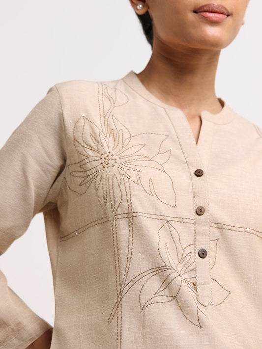 Utsa Beige Floral-Embroidered Cotton Kurti