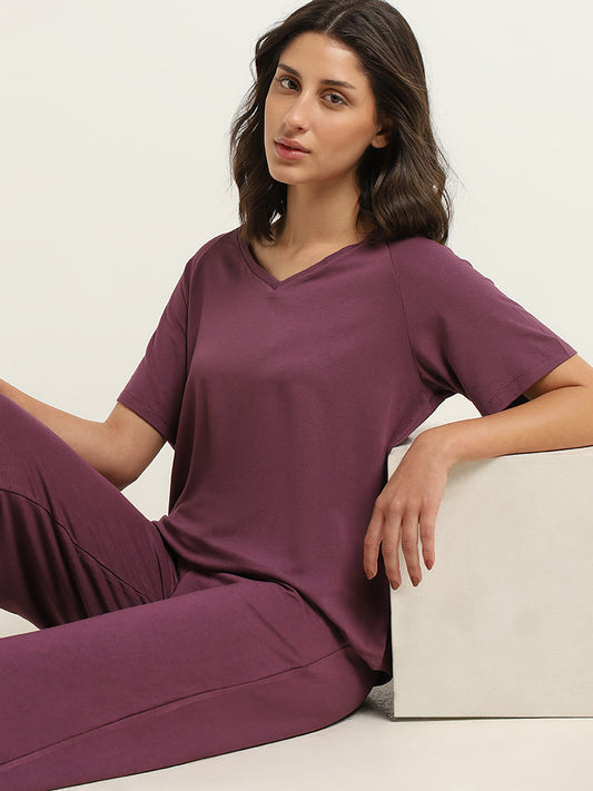 Wunderlove Purple V-Neck Cotton Supersoft T-Shirt