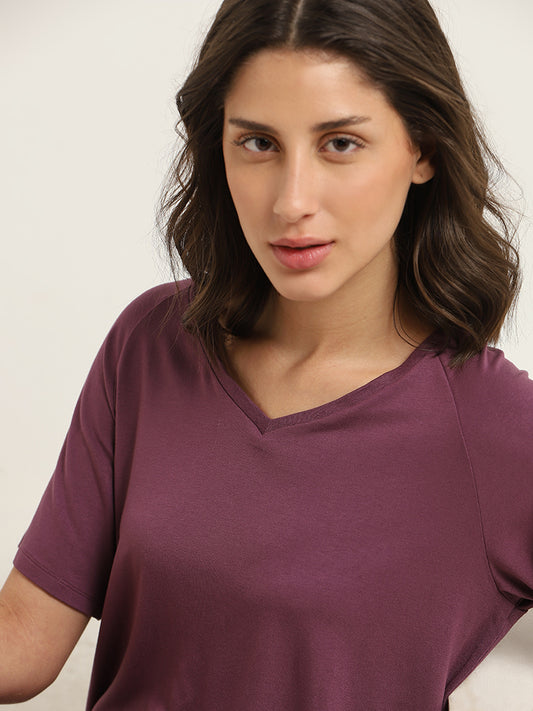 Wunderlove Purple V-Neck Cotton Supersoft T-Shirt