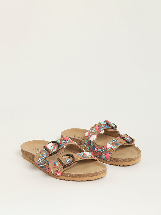 LUNA BLU Taupe Embroidered Double Band Sandals
