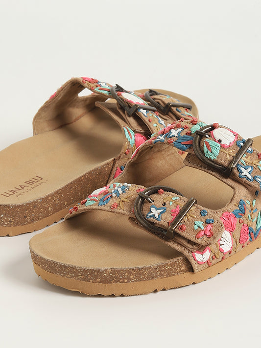LUNA BLU Taupe Embroidered Double Band Sandals