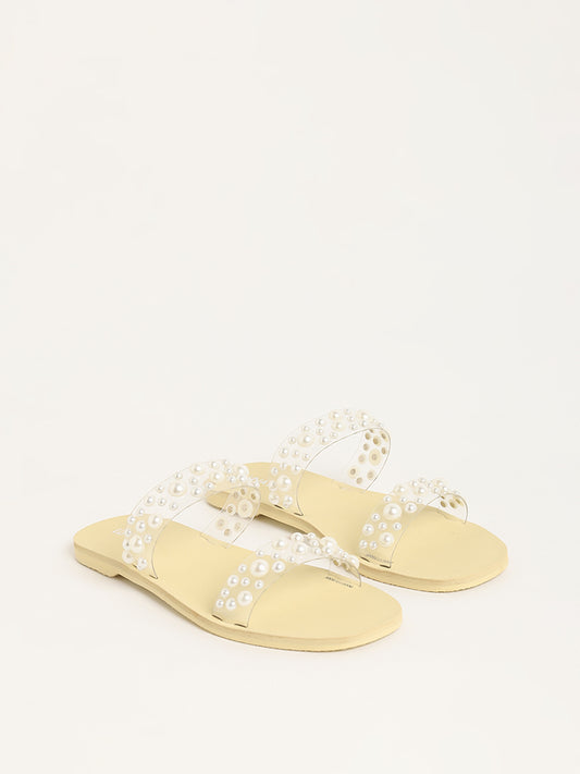 LUNA BLU Yellow Pearl Embellished Double-Strap Sandals