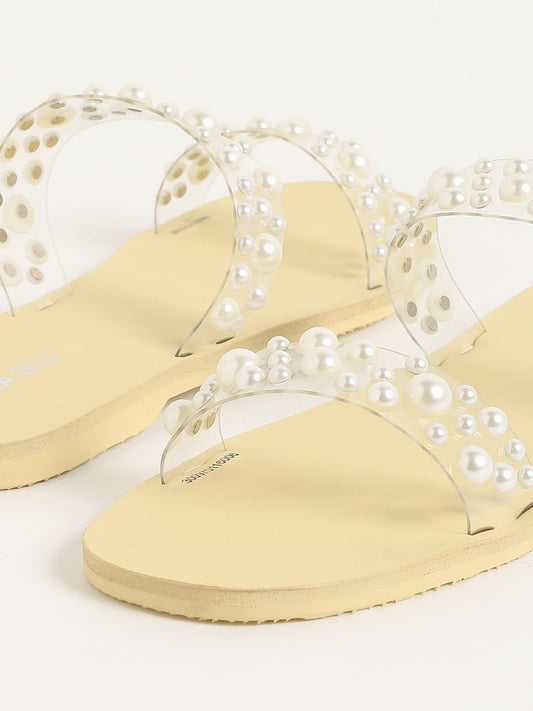 LUNA BLU Yellow Pearl Embellished Double-Strap Sandals