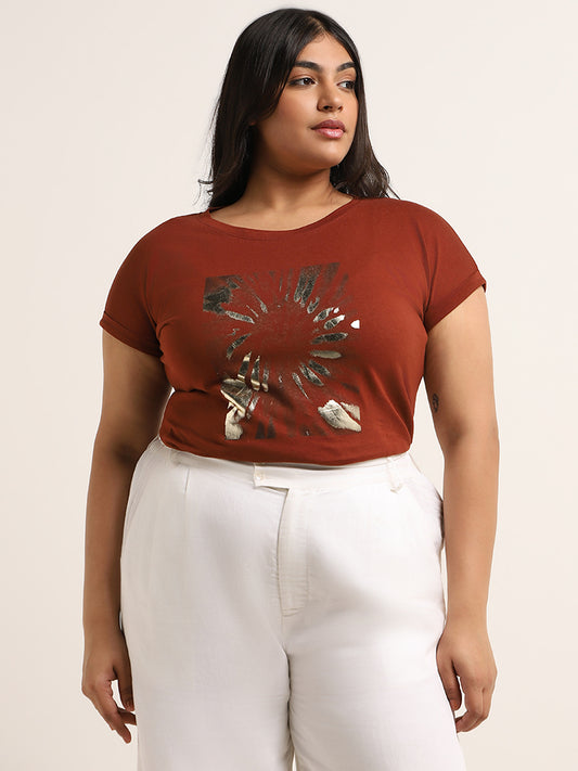 Gia Brown Printed Cotton T-Shirt