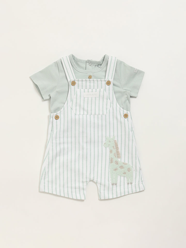 HOP Baby Green Striped T-Shirt with Dungaree Set