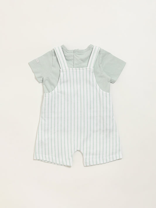 HOP Baby Green Striped T-Shirt with Dungaree Set