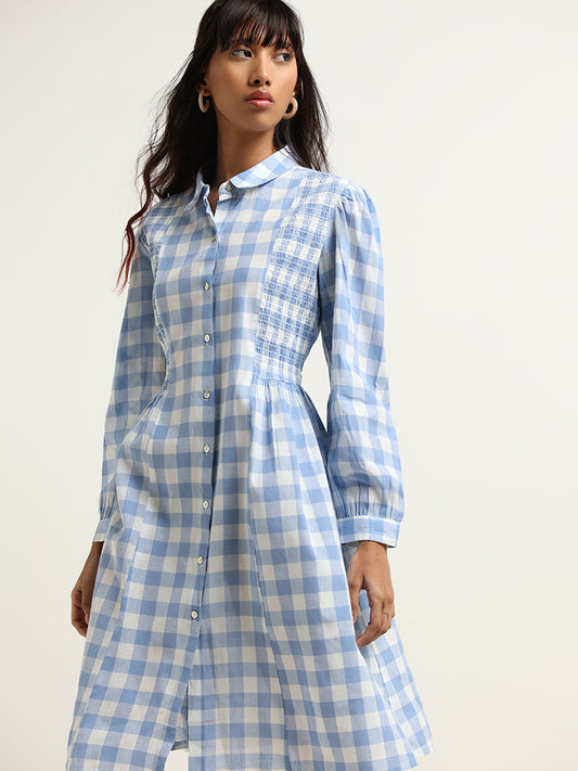 Bombay Paisley Blue Checkered Shirt Dress