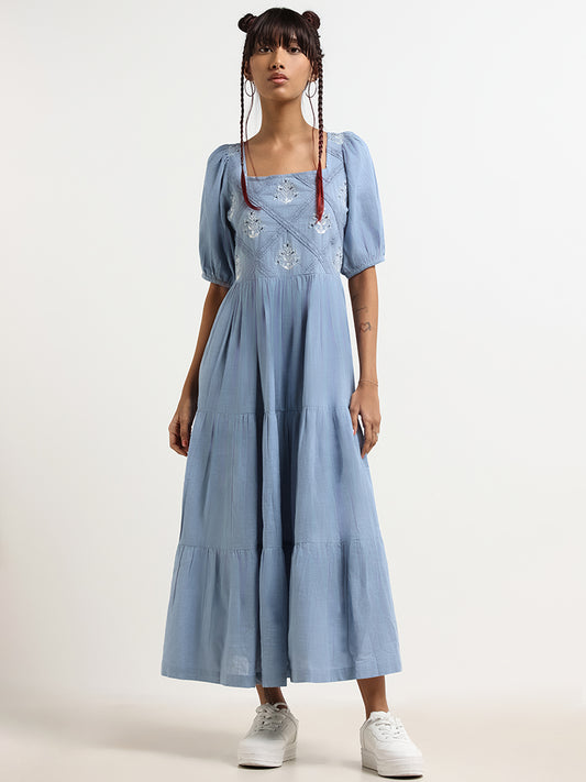 Bombay Paisley Blue Embroidered Cotton Maxi Dress