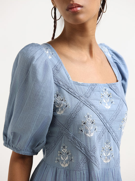 Bombay Paisley Blue Embroidered Cotton Maxi Dress
