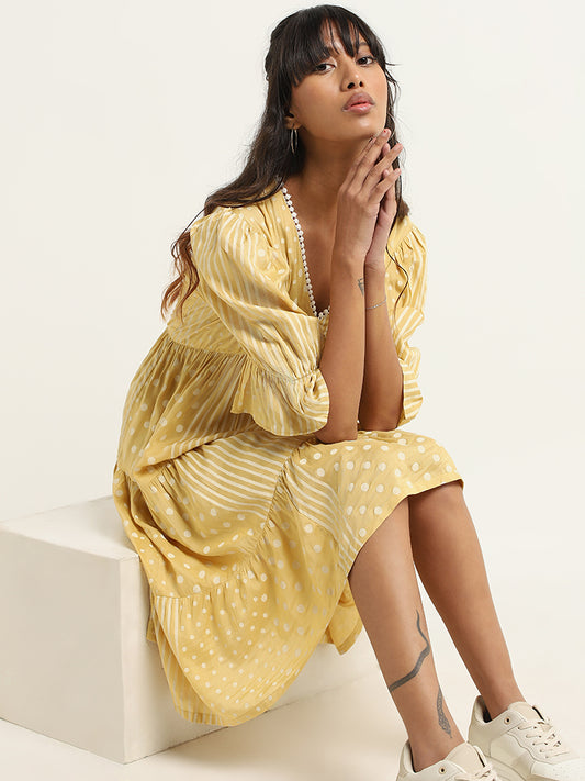 Bombay Paisley Yellow Polka Dot Cotton A-line Dress