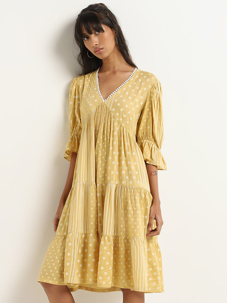 Bombay Paisley Yellow Polka Dot A line Dress