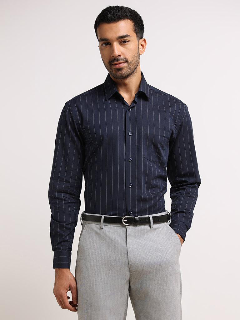 WES Formals Navy Cotton Relaxed Fit Shirt