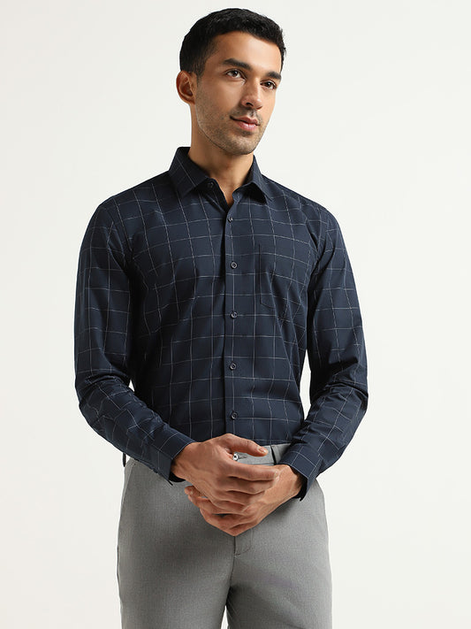 WES Formals Blue Checkered Slim Fit Shirt