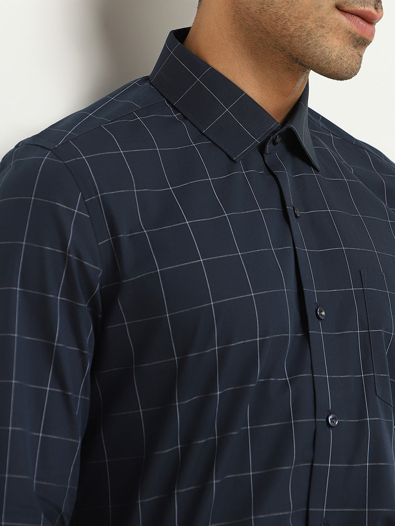 WES Formals Blue Checkered Cotton Slim Fit Shirt