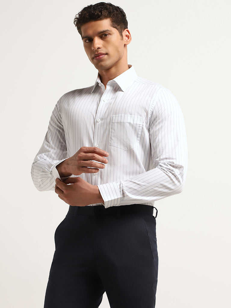 WES Formals White Slim Fit Striped Cotton Shirt