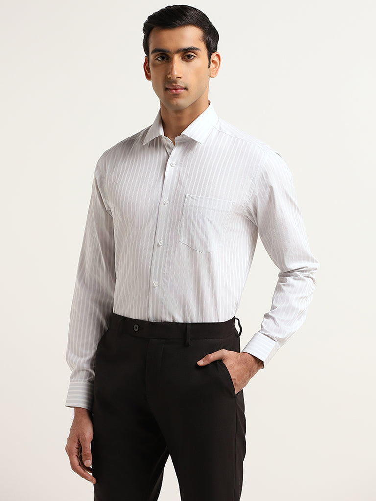 WES Formals White Striped Cotton Relaxed Fit Shirt