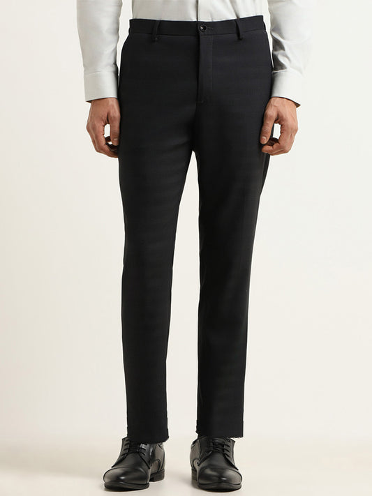 WES Formals Black Checkered Slim Fit Mid Rise Trousers