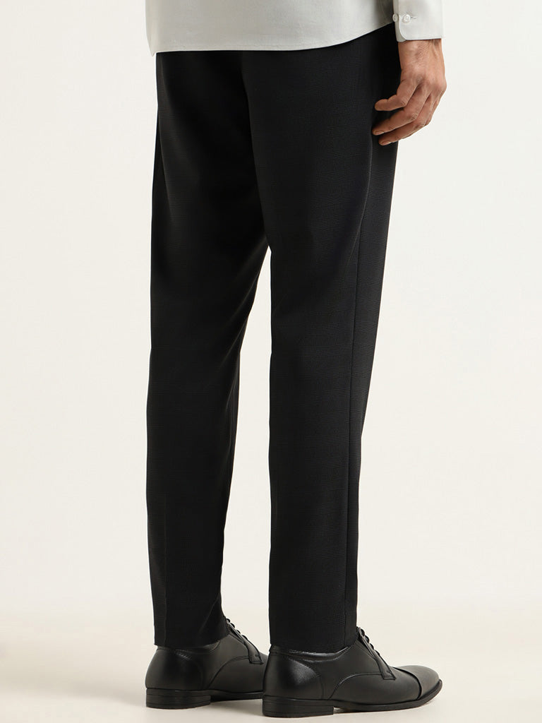WES Formals Black Checkered Slim Fit Mid Rise Trousers