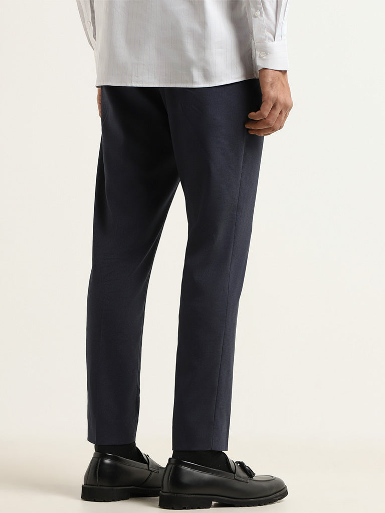 WES Formals Navy Self-Patterned Slim Fit Trousers
