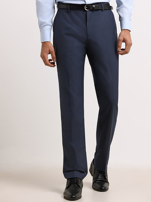 WES Formals Navy Straight Fit Trousers