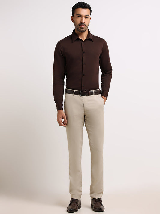 WES Formals Cream Slim-Fit Trousers