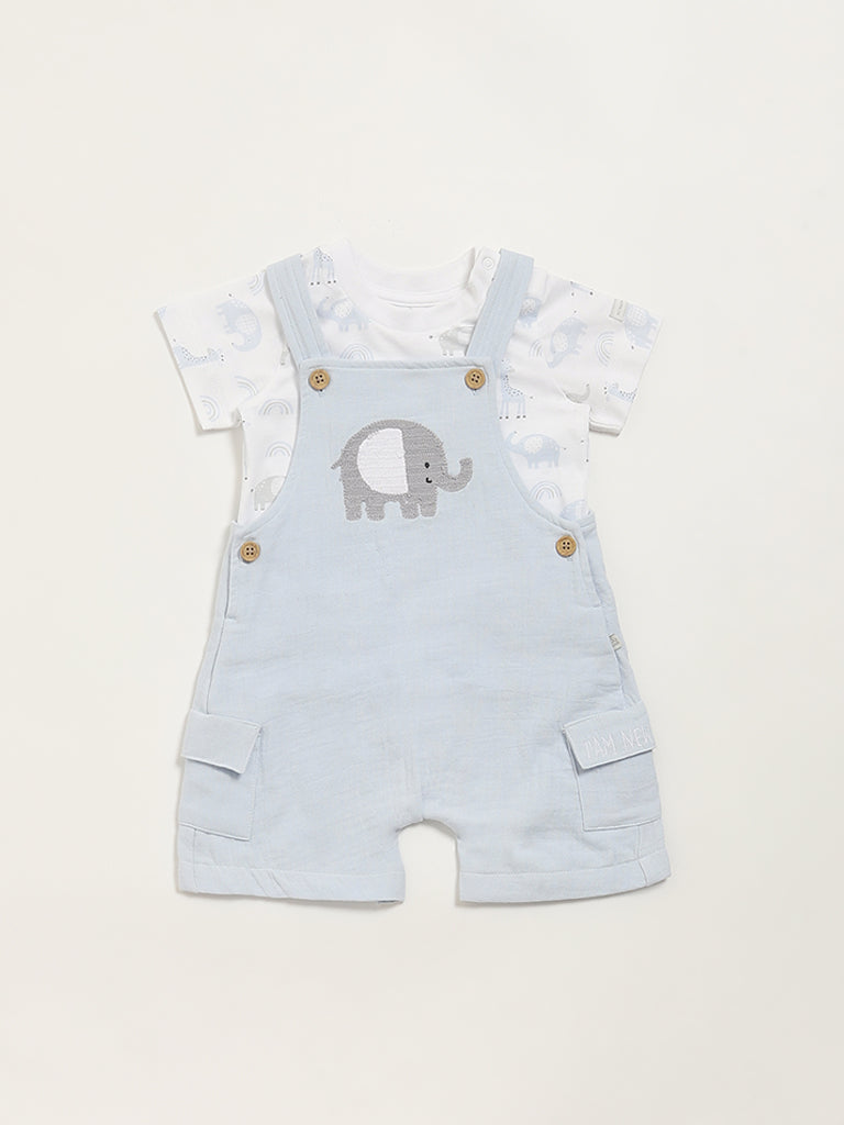 HOP Baby Blue Printed T-Shirt with Dungaree Set