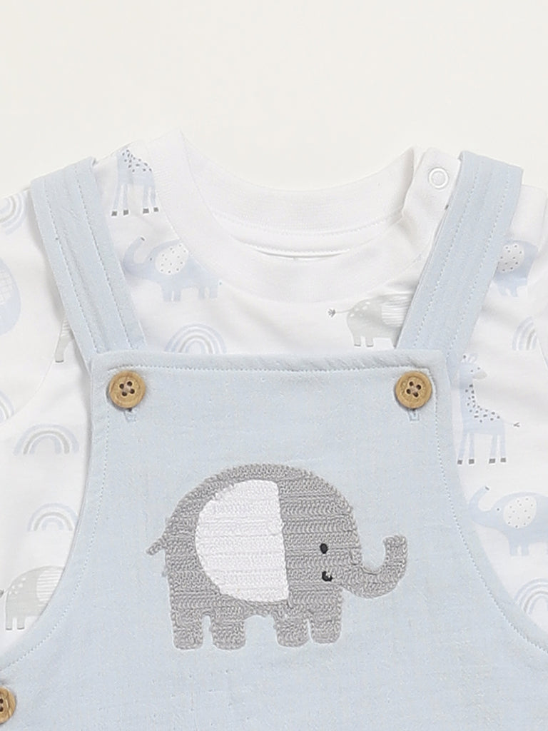 HOP Baby Blue Printed T-Shirt with Dungaree Set
