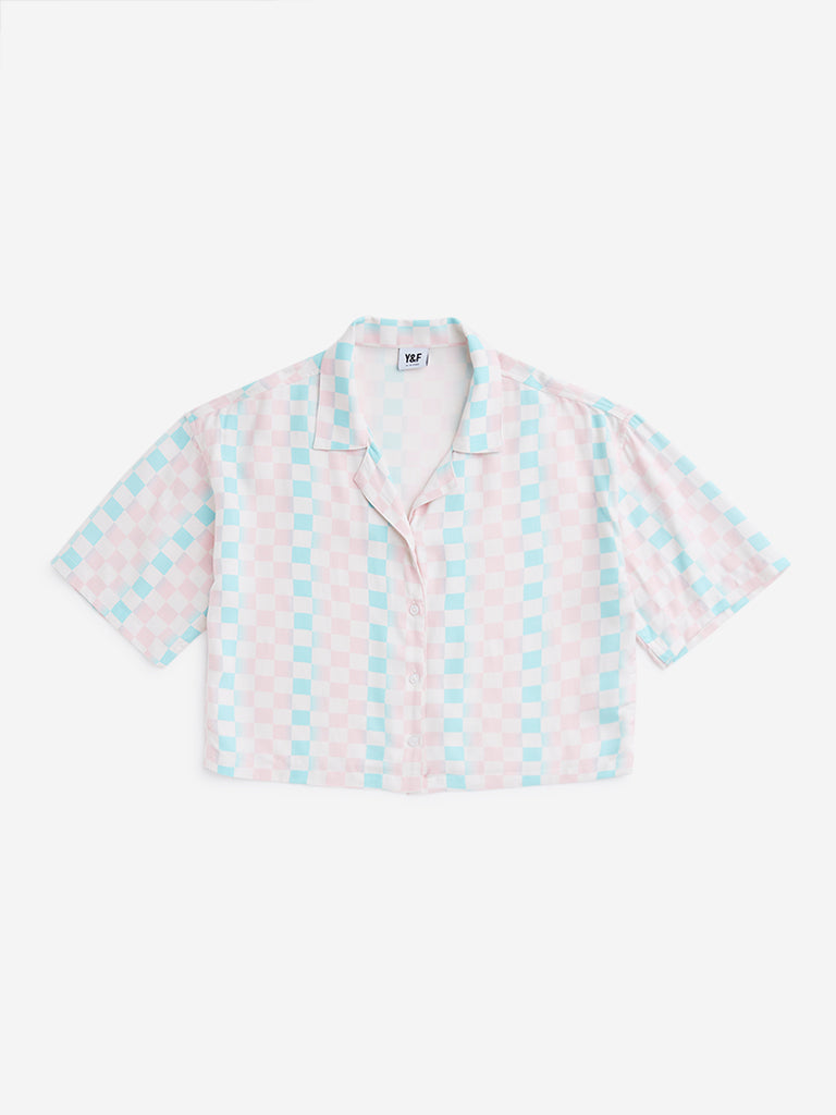 Y&F Kids Blue Checkerboard Design Cropped Shirt
