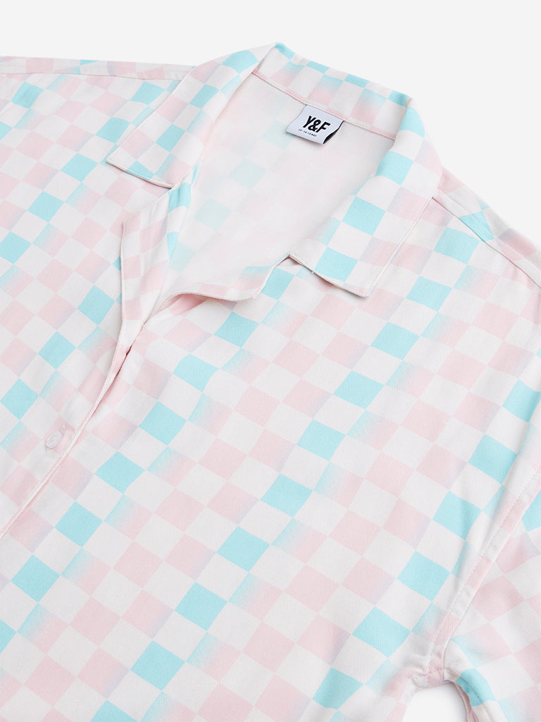 Y&F Kids Blue Checkerboard Design Cropped Shirt