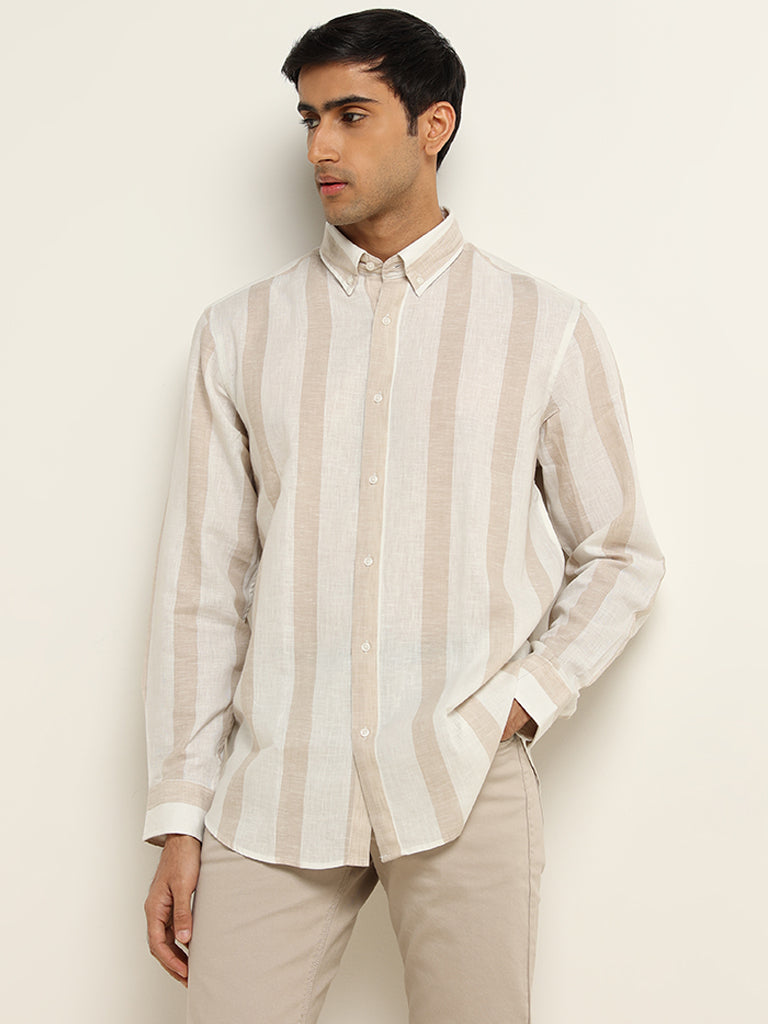 Ascot Beige Striped Cotton Relaxed Fit Shirt