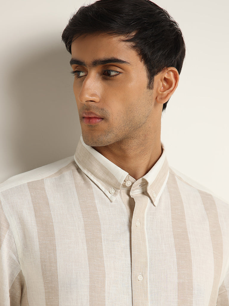 Ascot Beige Striped Cotton Relaxed Fit Shirt