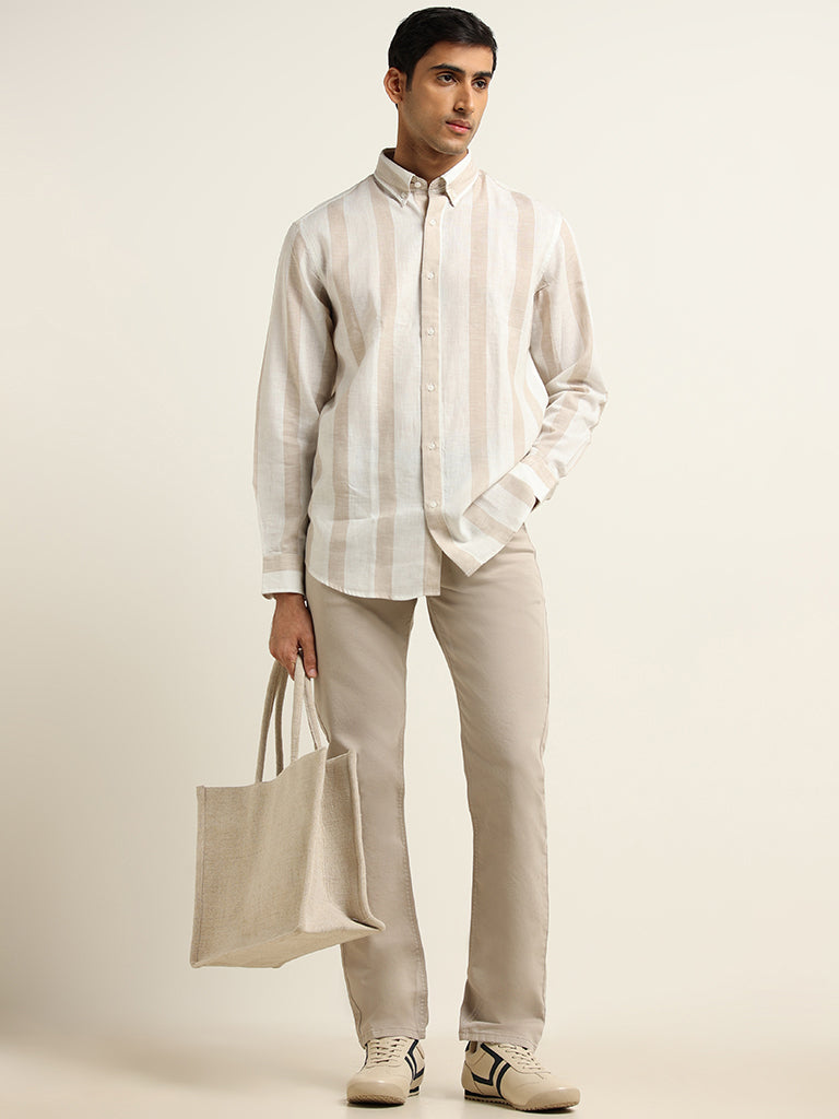 Ascot Beige Striped Relaxed Fit Shirt