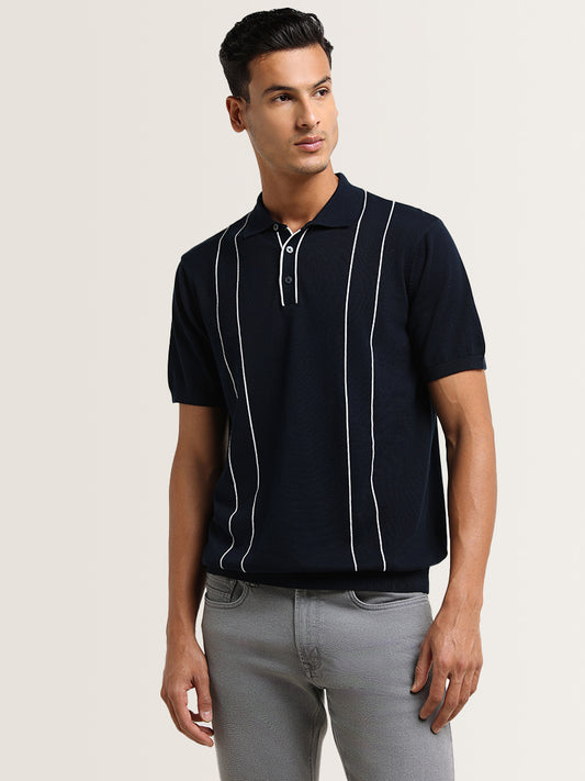 Ascot Navy Striped Cotton Relaxed Fit Polo T-Shirt