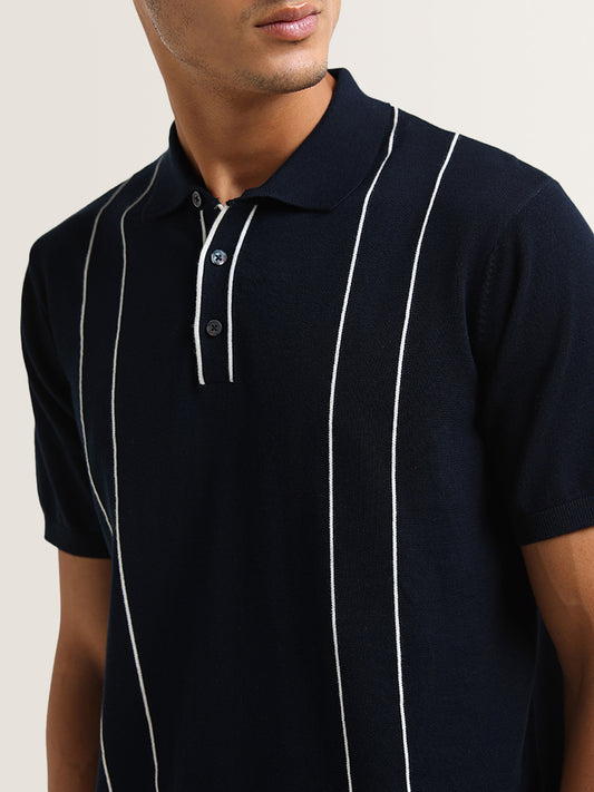 Ascot Navy Striped Cotton Relaxed Fit Polo T-Shirt