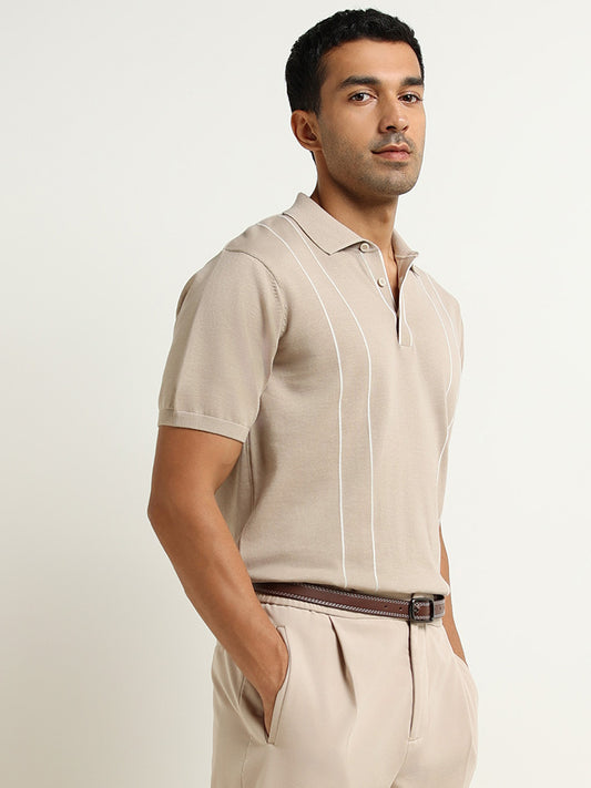 Ascot Beige Striped Cotton Relaxed Fit Polo T-Shirt