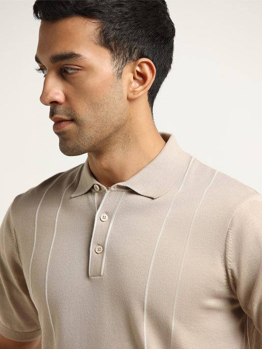 Ascot Beige Striped Cotton Relaxed Fit Polo T-Shirt