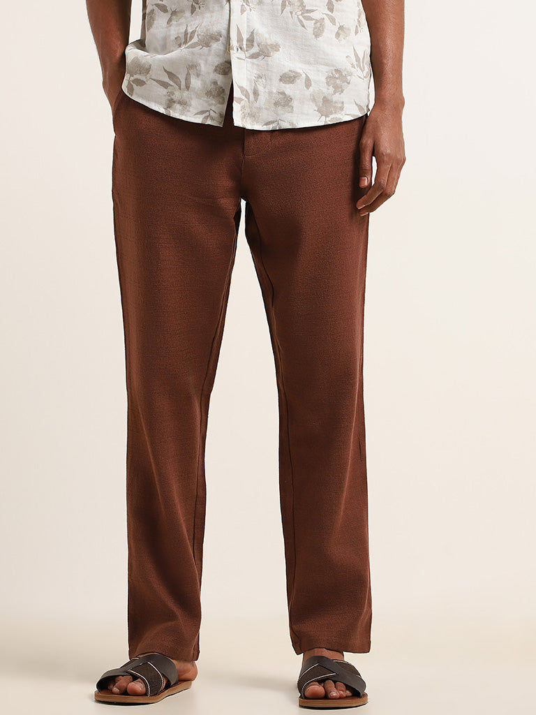 ETA Brown Solid Cotton Blend Mid Rise Relaxed Fit Pants