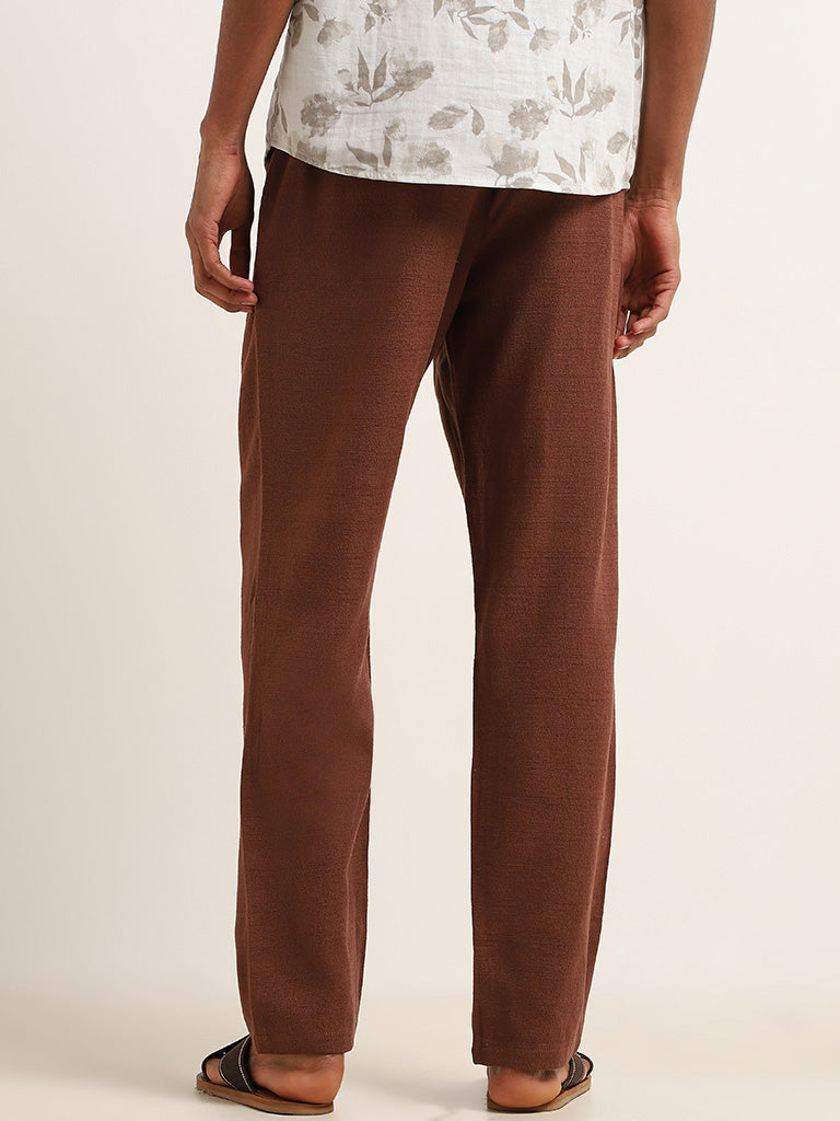 ETA Brown Solid Cotton Blend Mid Rise Relaxed Fit Pants