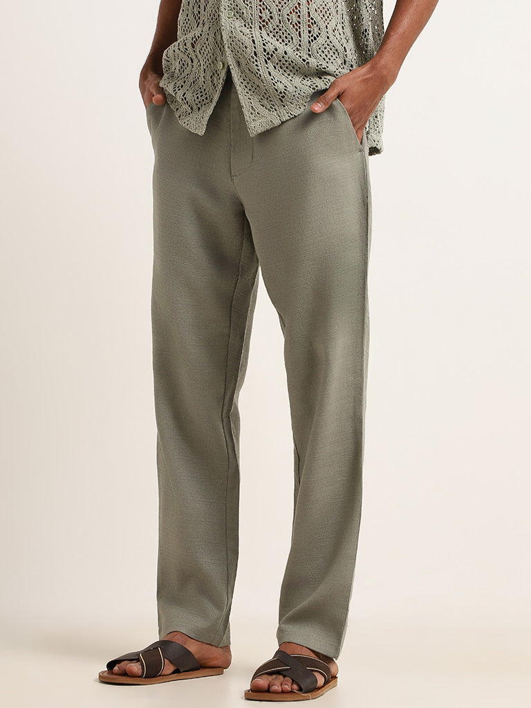 ETA Green Solid Cotton Blend Mid Rise Relaxed Fit Pants