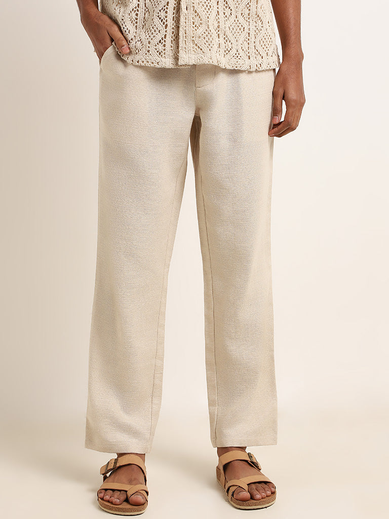 ETA Beige Solid Mid Rise Relaxed Fit Pants