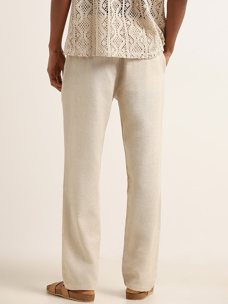 ETA Beige Solid Mid Rise Relaxed Fit Pants