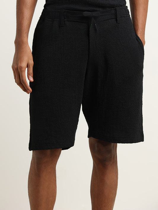 ETA Black Textured Cotton Blend Relaxed Fit Shorts
