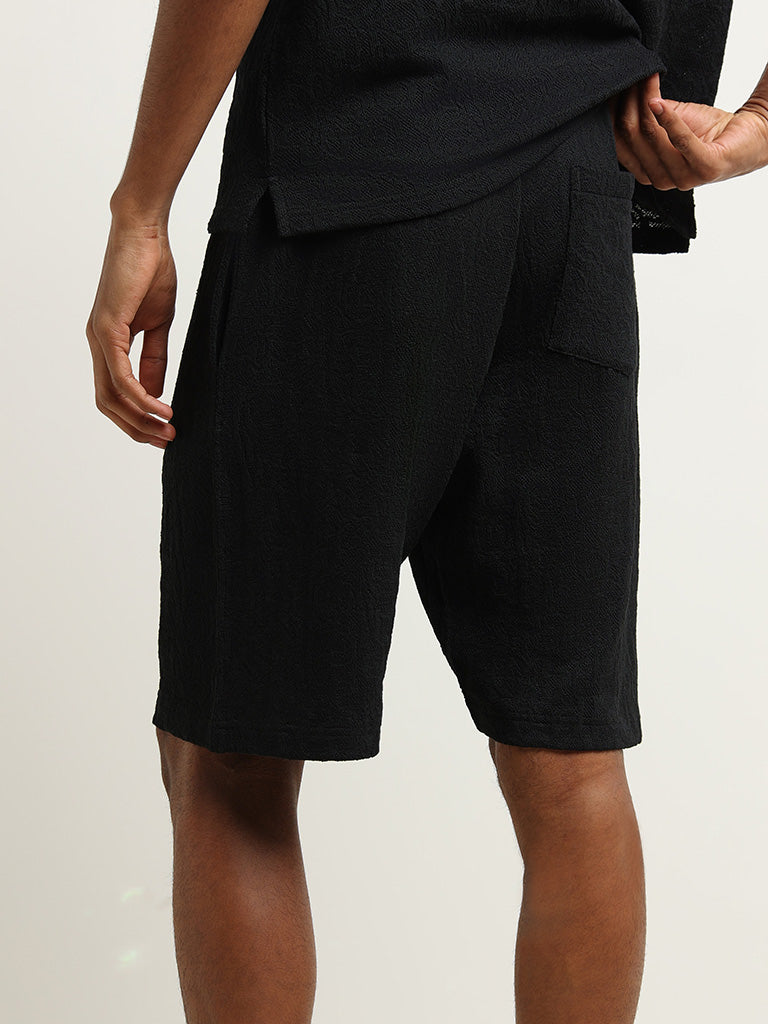 ETA Black Textured Relaxed Fit Shorts