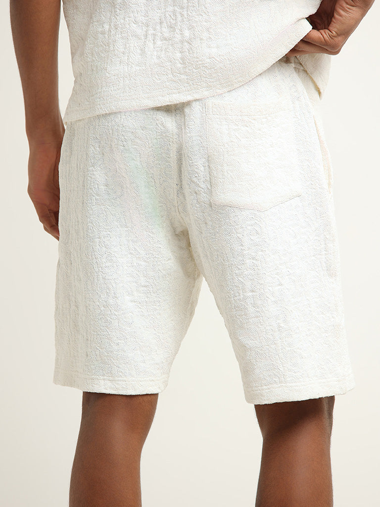 ETA White Mid-Rise Textured Cotton Blend Relaxed Fit Shorts